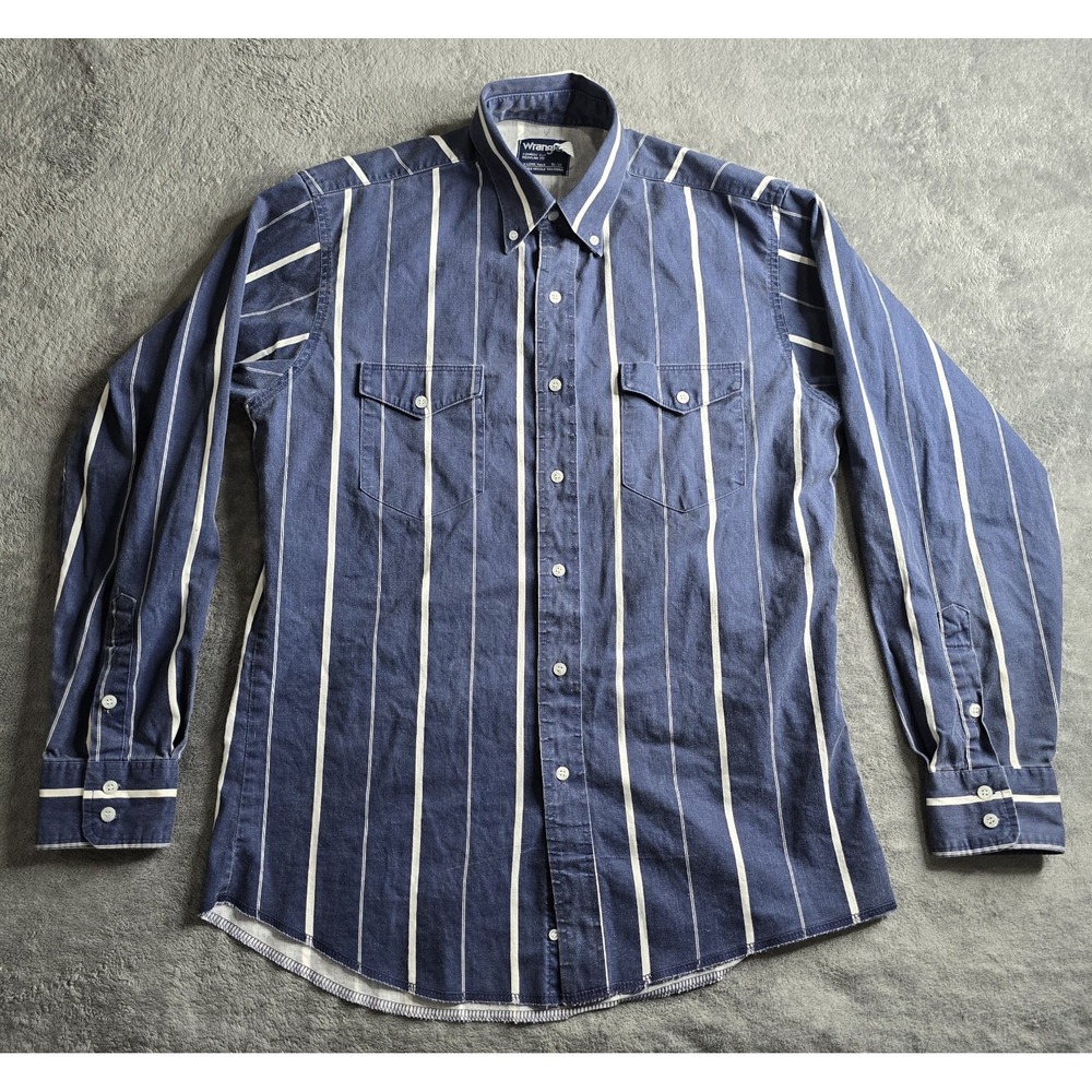 VTG Wrangler Shirt Mens 16-34 Blue Striped Thick Cotton Cowboy Cut X-Long Tails